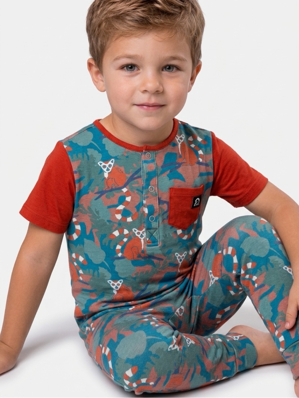 Rags Lemur Jungle Camo Short Sleeve Henley Romper Size 3/4